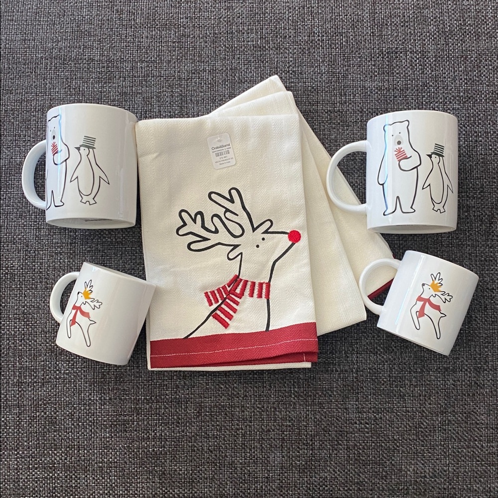 NWT Crate&Barrel Arctic Friends 4 Mugs & 3 Towels Set, Holiday Christmas Decor